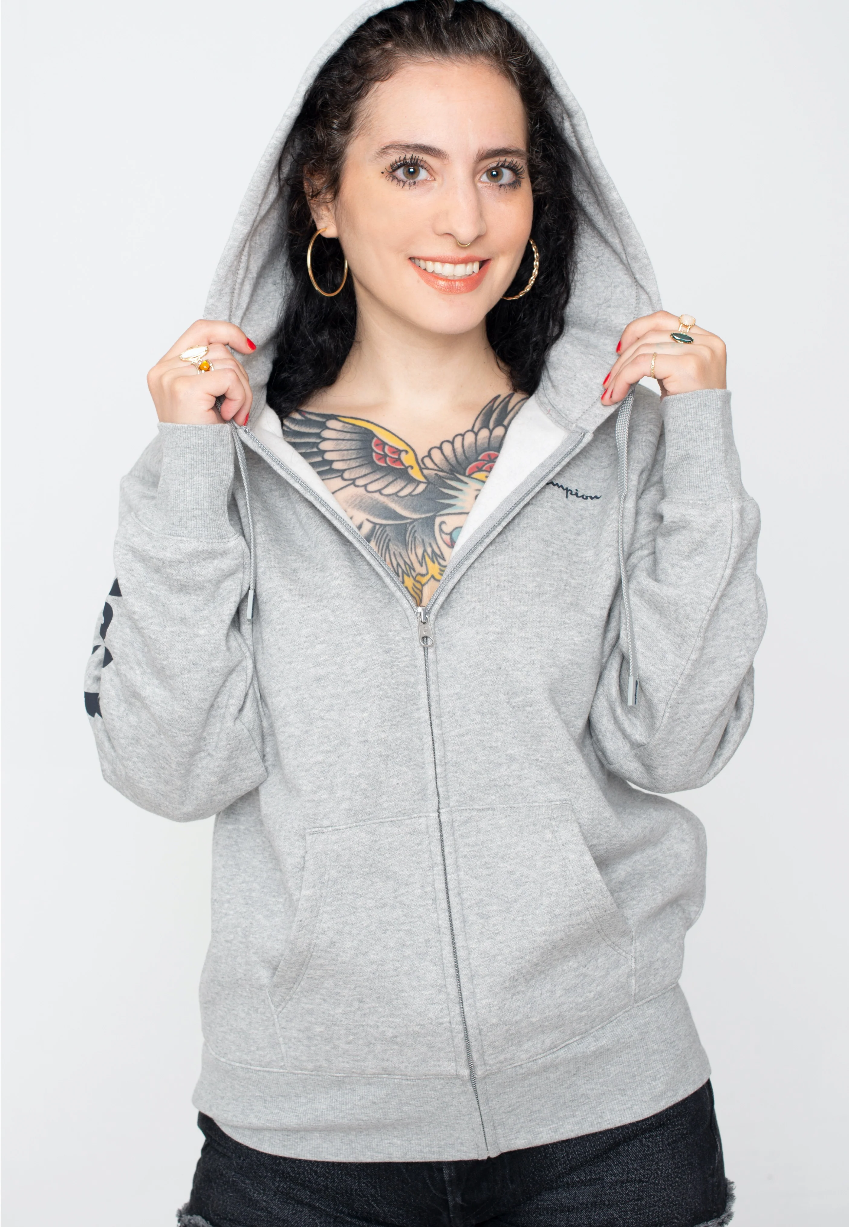 Hooded Full Zip Gray Melange Light - Zipper - Image 3