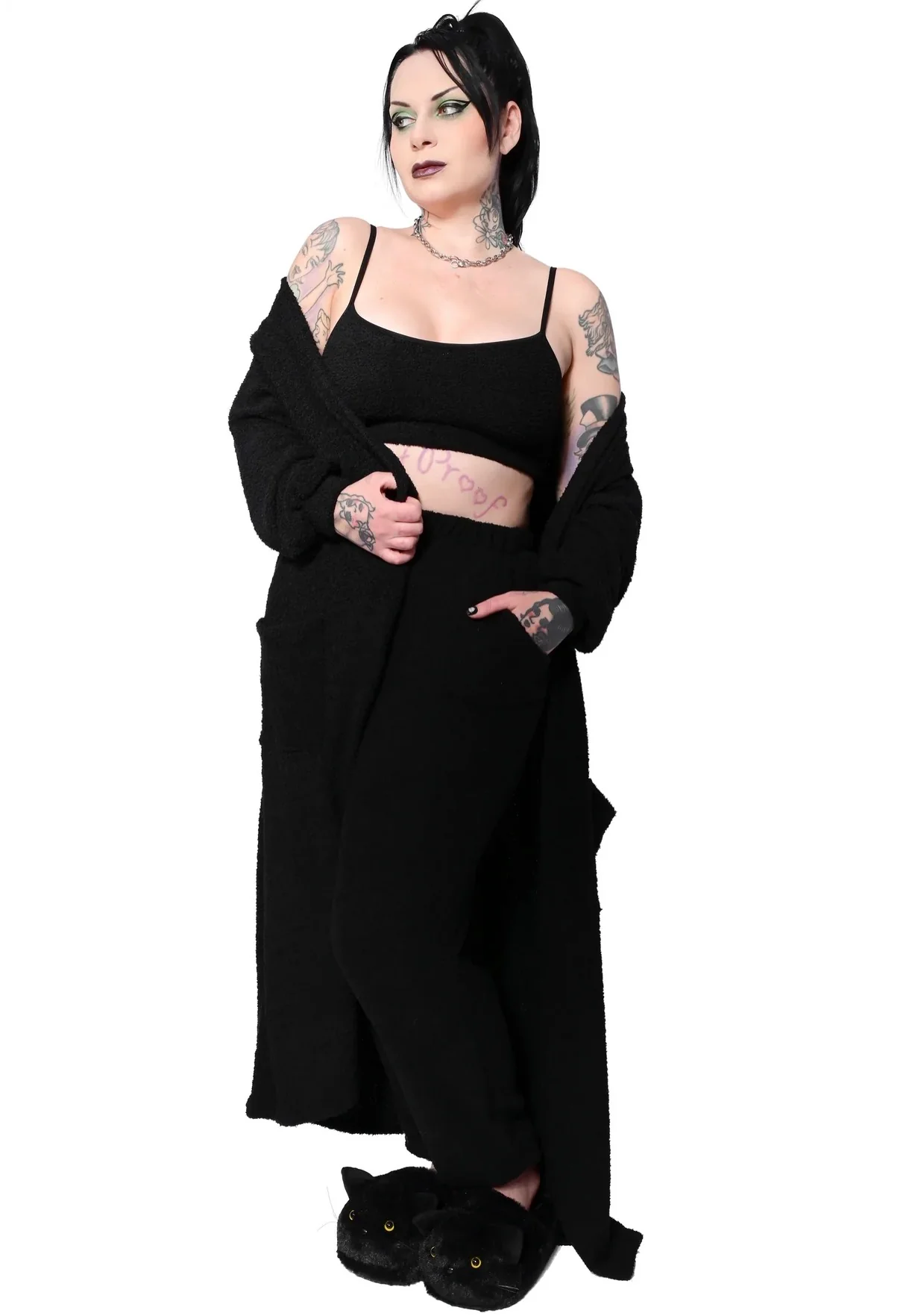 Fuzzy Teddy Lounge Duster Black - Cardigan