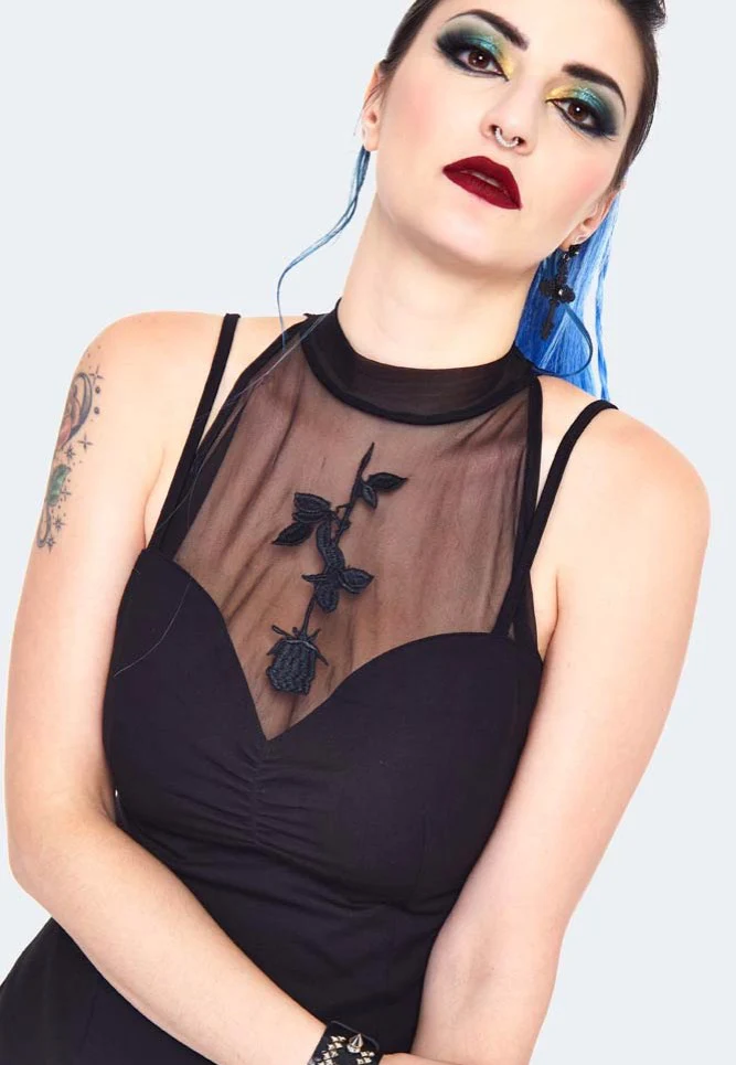 Rose Embroidered Mesh Panel Black - Dress - Image 2