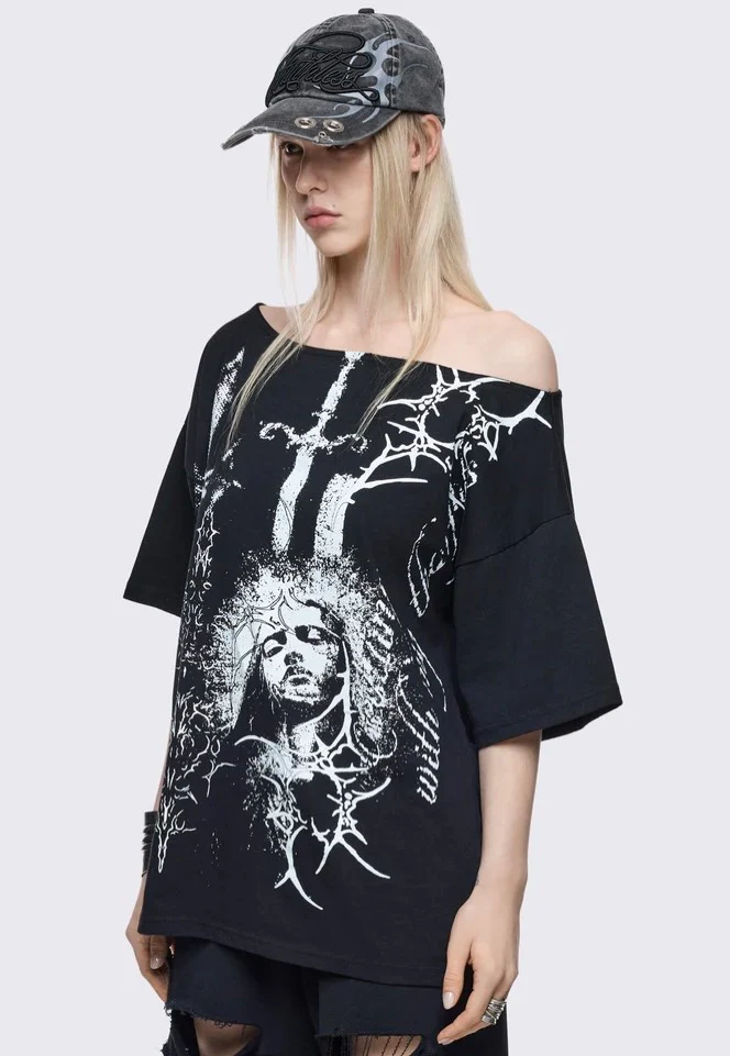 Crown of Swords Off Shoulder Black - T-Shirt - Image 5