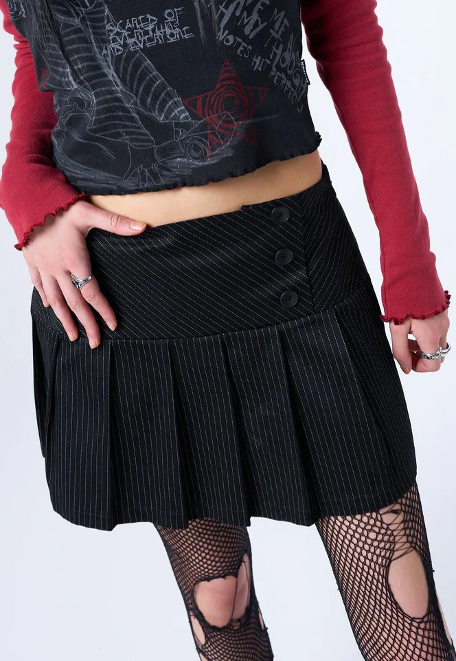 Romy Pinstripe Pleated Mini Black - Skirt - Image 2