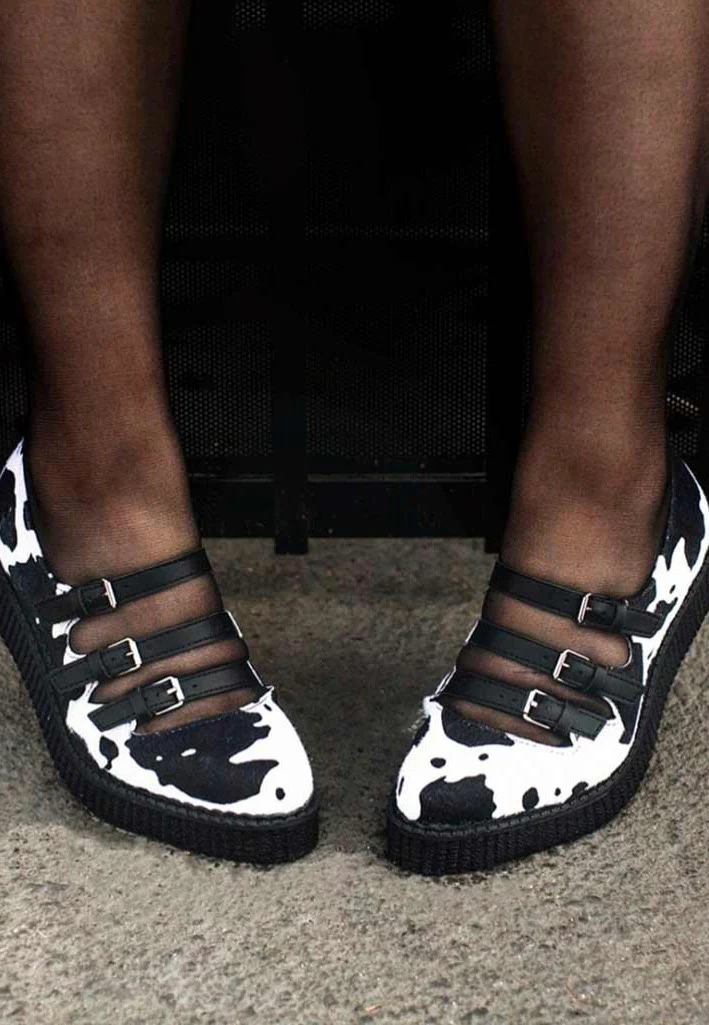 Pointed Sandal 3 Buckle Black/White Cow Print Hair - Girl Shoes