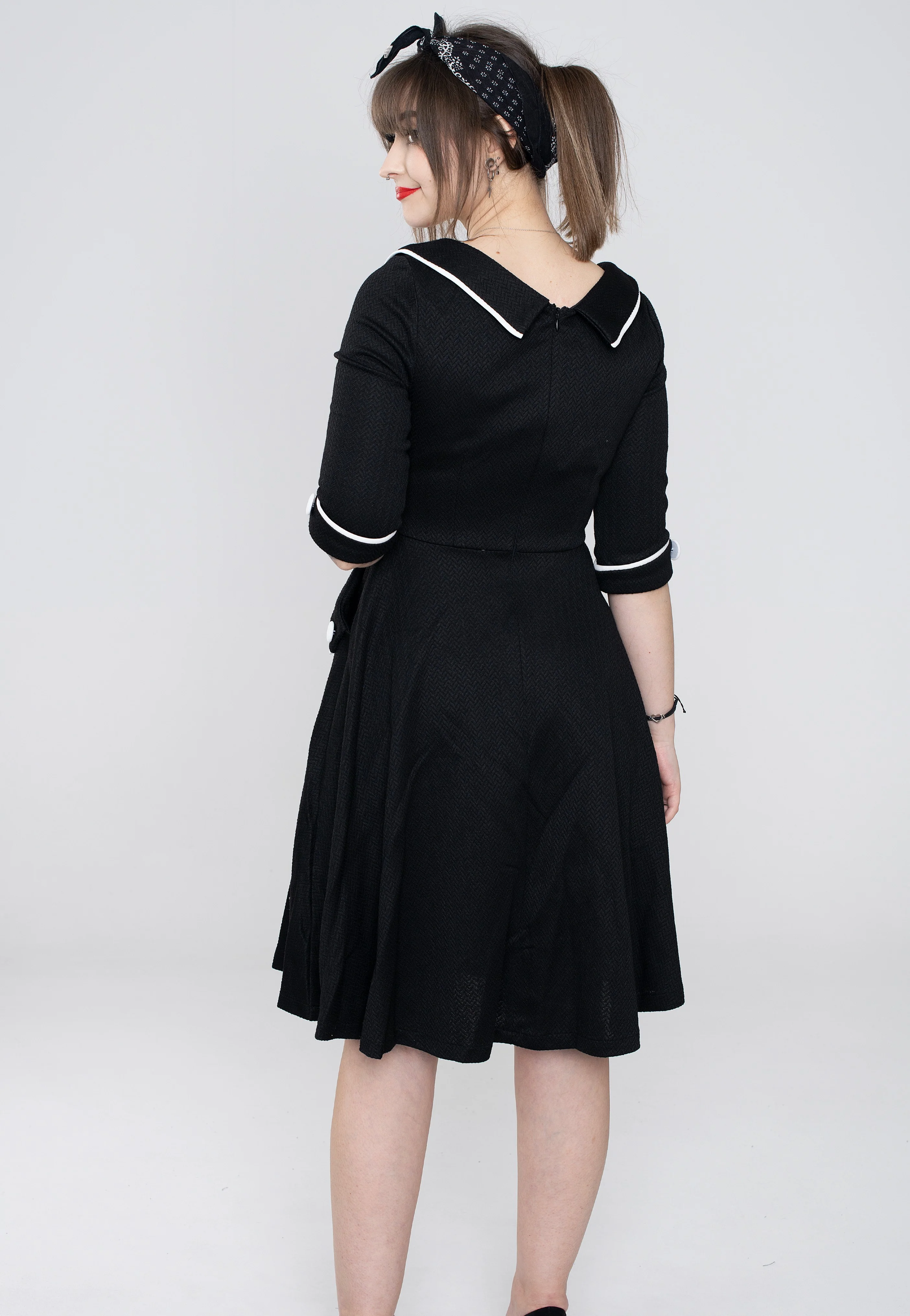 Marica 1950s Herringbone Wide Collar Black - Dress - Image 5